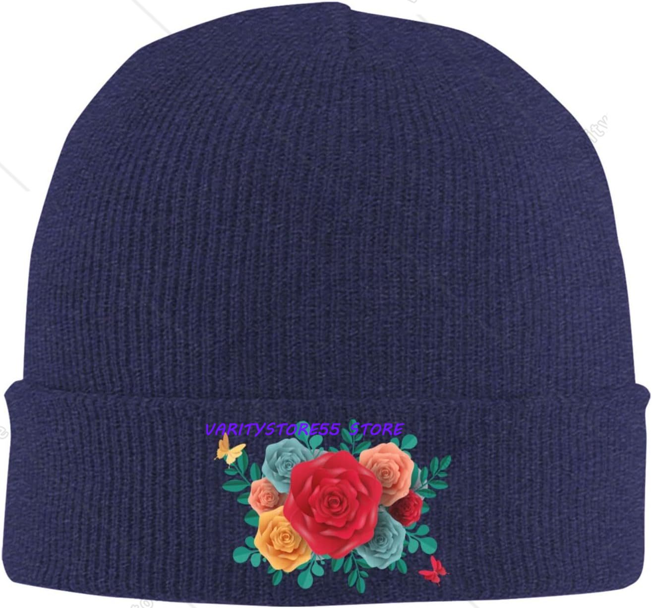 Beanie Cuffed Knit - 남녀공용 다채로운 색상의 장미 무늬 비니,