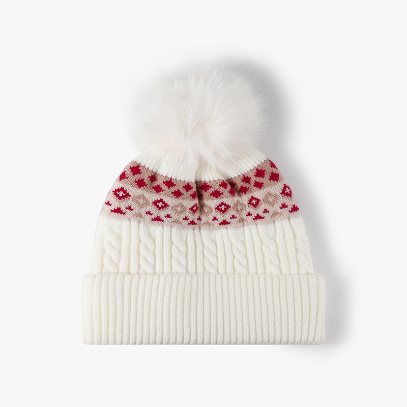 Beanie Cuffed Knit - 여성용 이중 안감 페어 아일 케이블