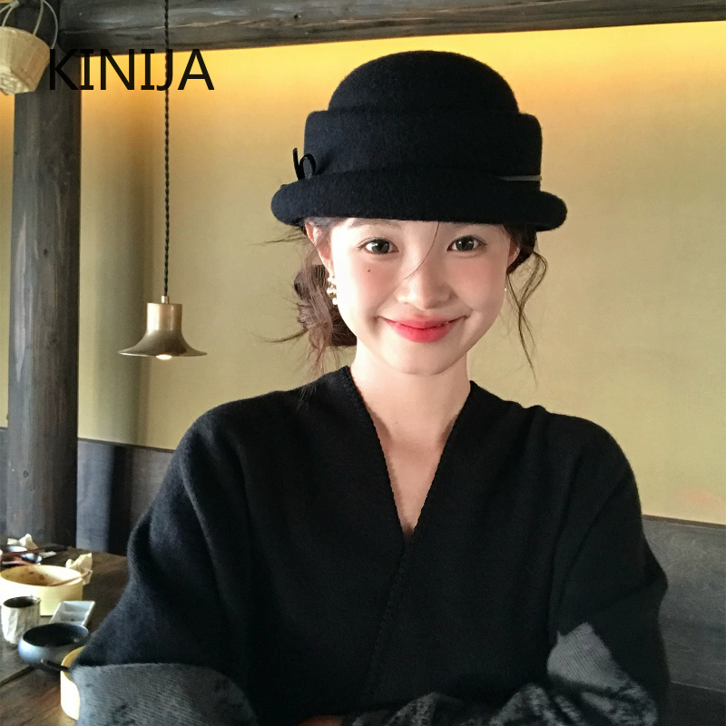 Beret French Wool - 햅번 스타일의 울 소재 탑햇, 여성용
